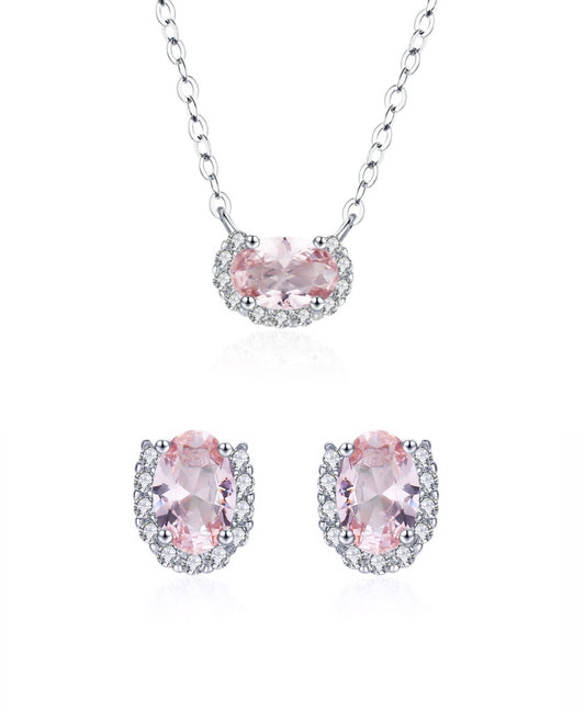 925 Rose Quartz Necklace and Earrings Jewelry Set