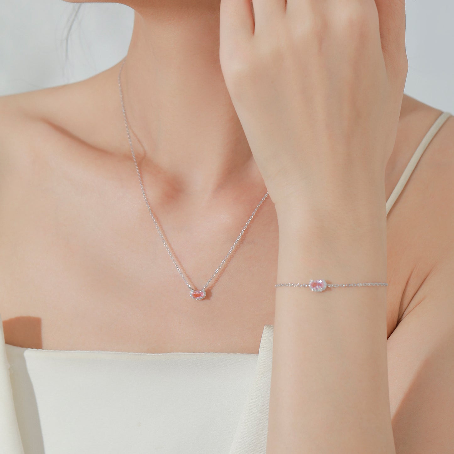 925 Rose Quartz Necklace and Earrings Jewelry Set