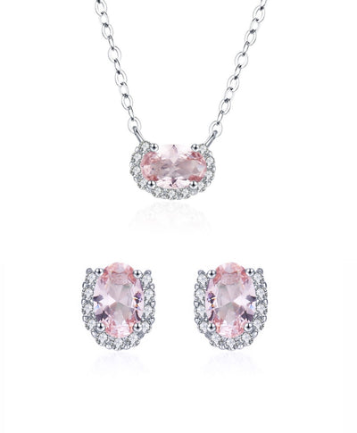925 Rose Quartz Necklace and Earrings Jewelry Set
