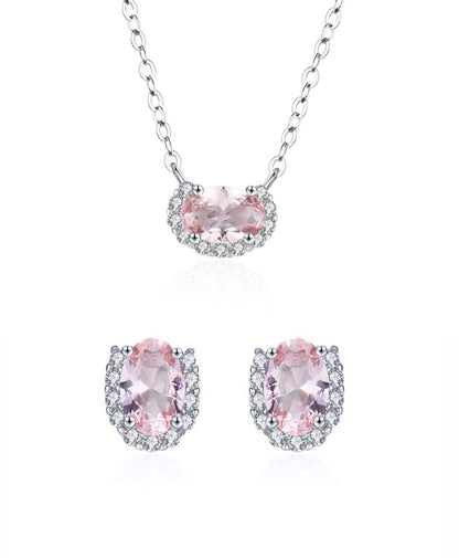 925 Rose Quartz Necklace and Earrings Jewelry Set